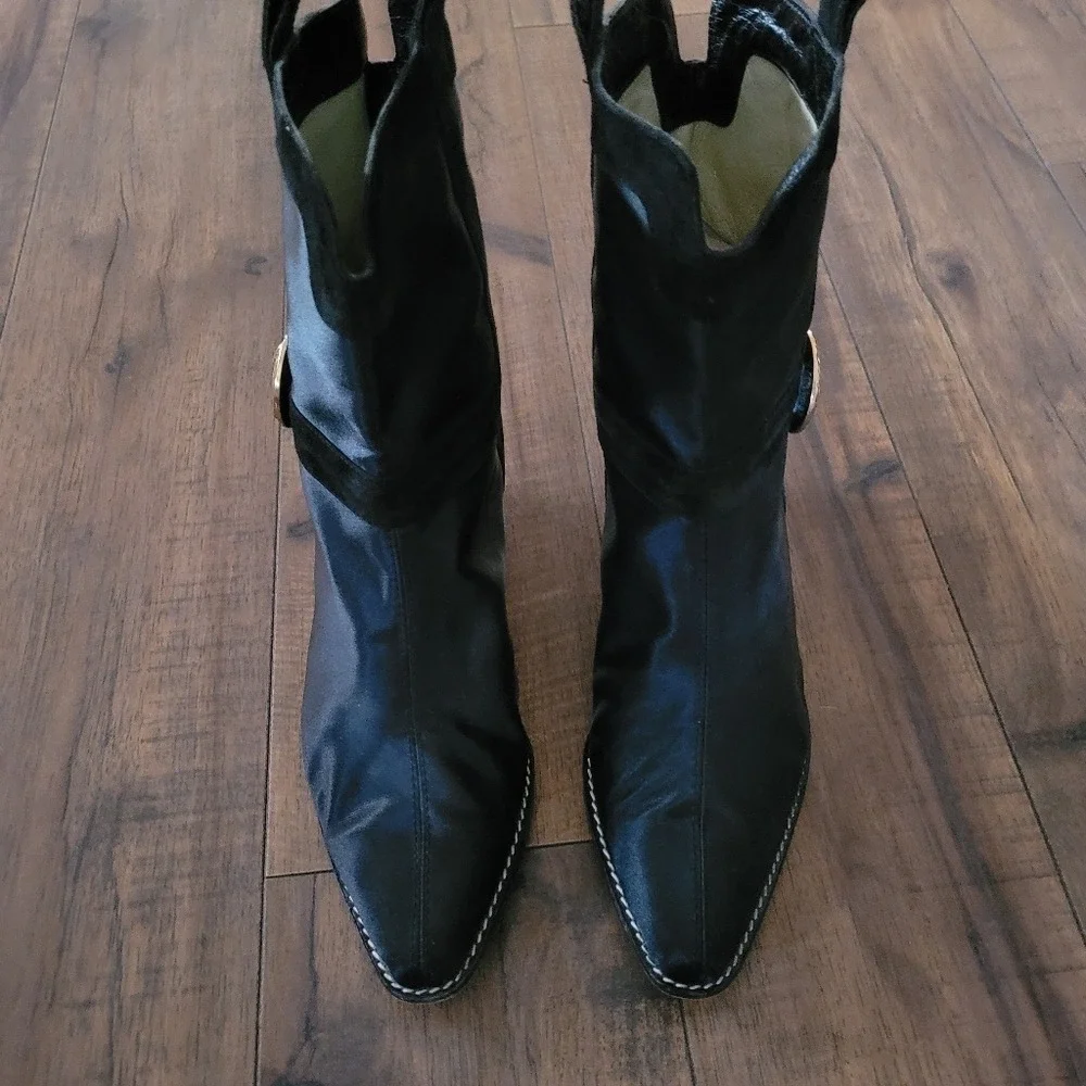 Vintage 90s Allure Black Nylon and Suede with Gold Button Accent Ankle Boots 7M